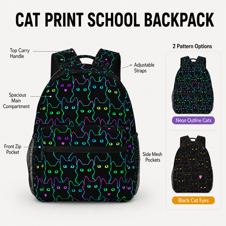 Black Cat Girls Lightweight Casual School Backpack