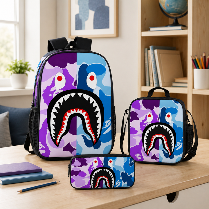 Boys Shark Camo 3-Piece School Backpack Set with Lunch Bag &amp; Pencil Case