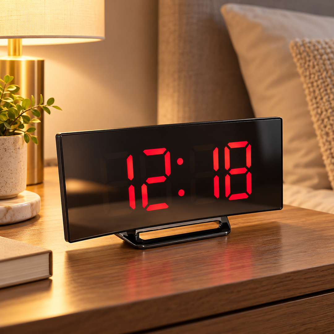 Digital Alarm Clock Curved LED Display Minimalist Bedside Desk Clock