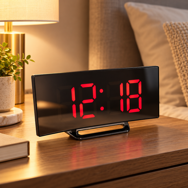 Digital Alarm Clock Curved LED Display Minimalist Bedside Desk Clock