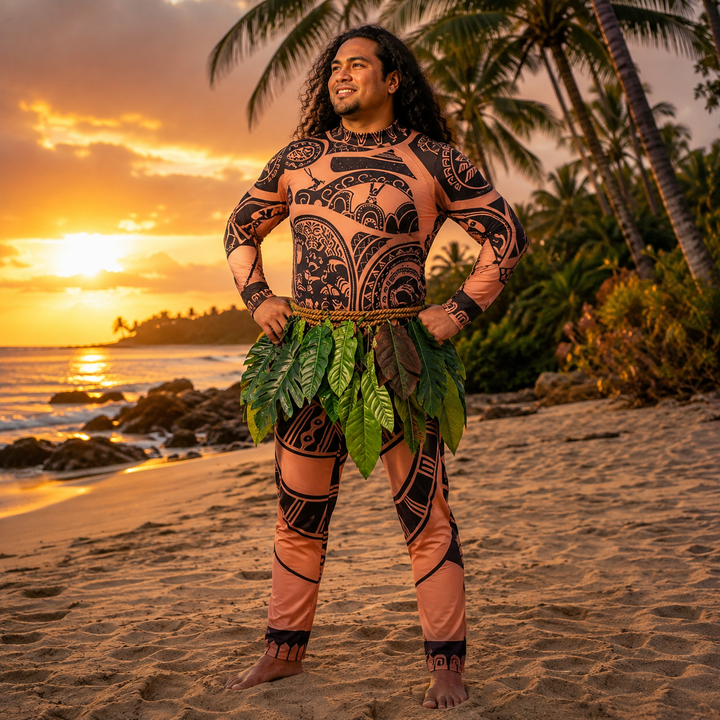 Maui Costume with Tattoo Print and Leaf Skirt Halloween