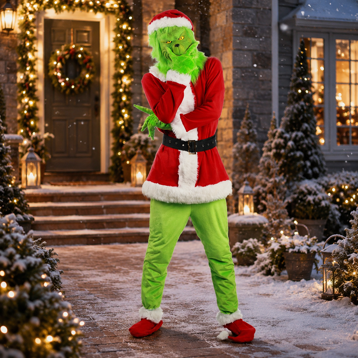 Grinch Mask and Santa Suit Costume Kids Adults Christmas