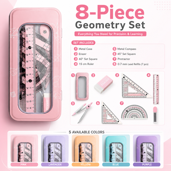 8 Piece Compass and Ruler Set for Students