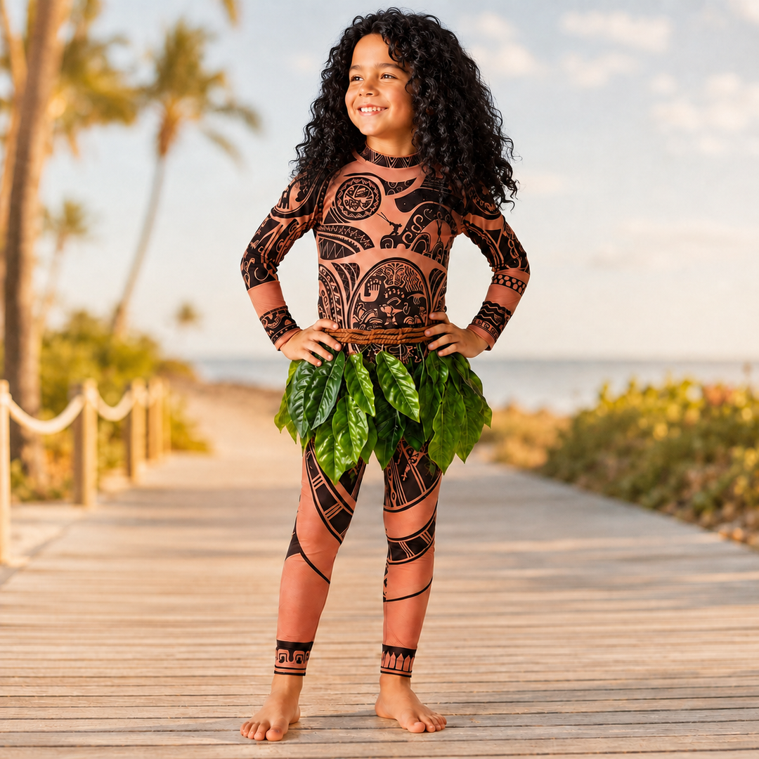 Maui Costume with Tattoo Print and Leaf Skirt Halloween