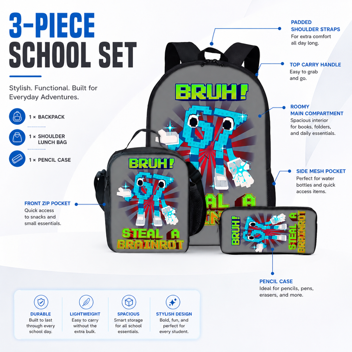 Six Seven 67 Kids 3-Piece School Backpack Set with Lunch Bag &amp; Pencil Case