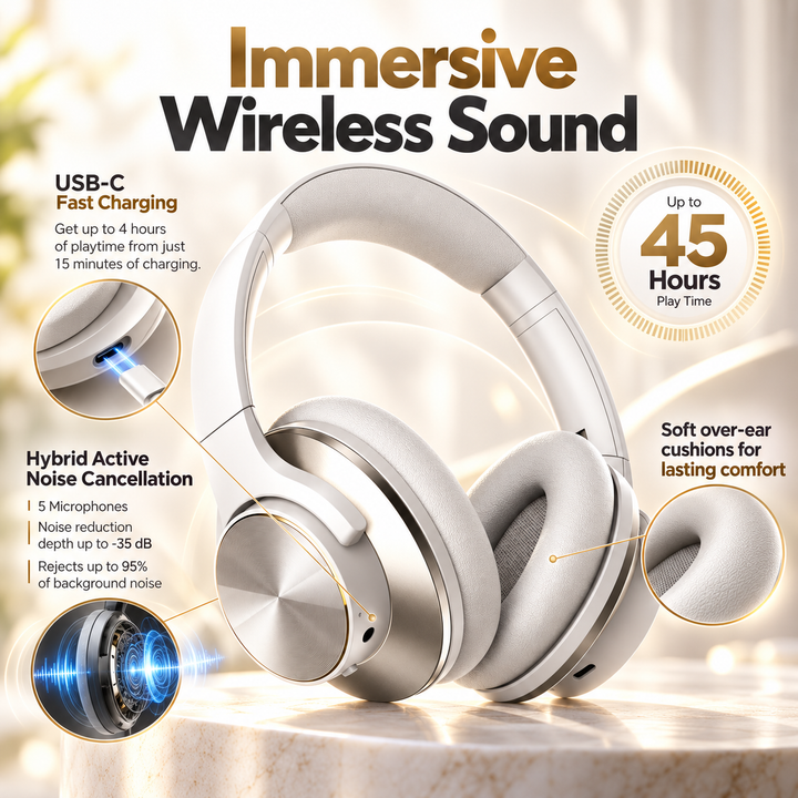 Active Noise Cancelling Wireless Headphones Over Ear Bluetooth