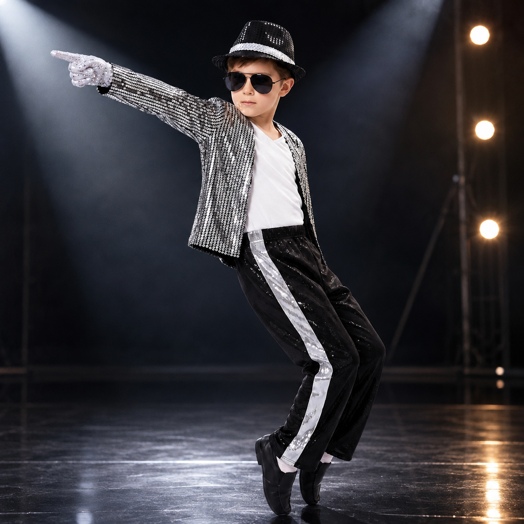 Kids Pop Star Costume Silver Sequin Stage Outfit Halloween