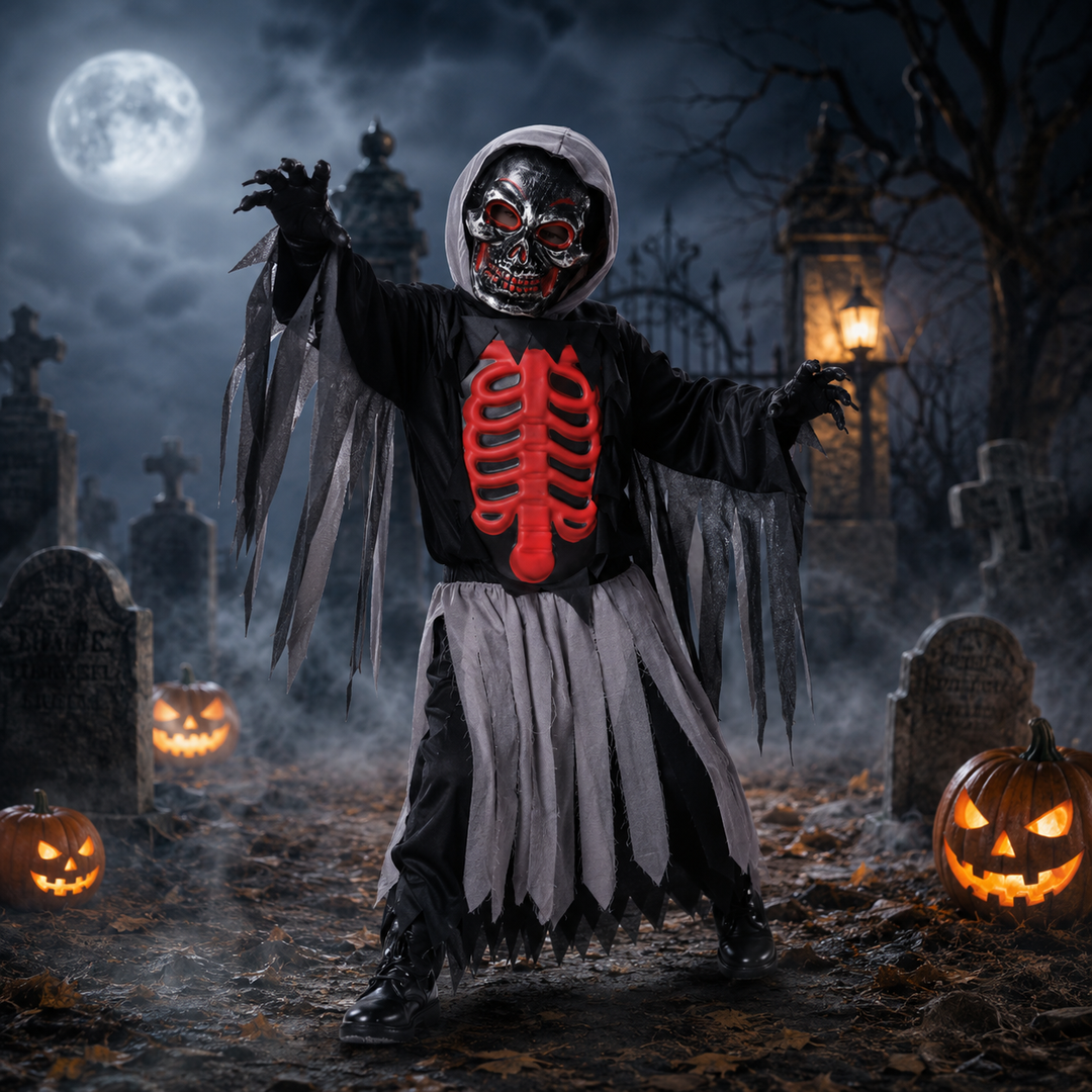 Kids Grim Reaper Skull Cape Costume Halloween Boys Girls