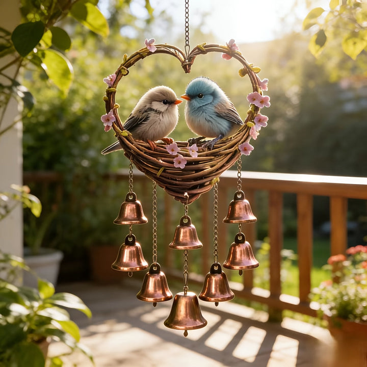 Heart Shaped Bird Wind Chime with Bells Metal Garden Hanging Decor