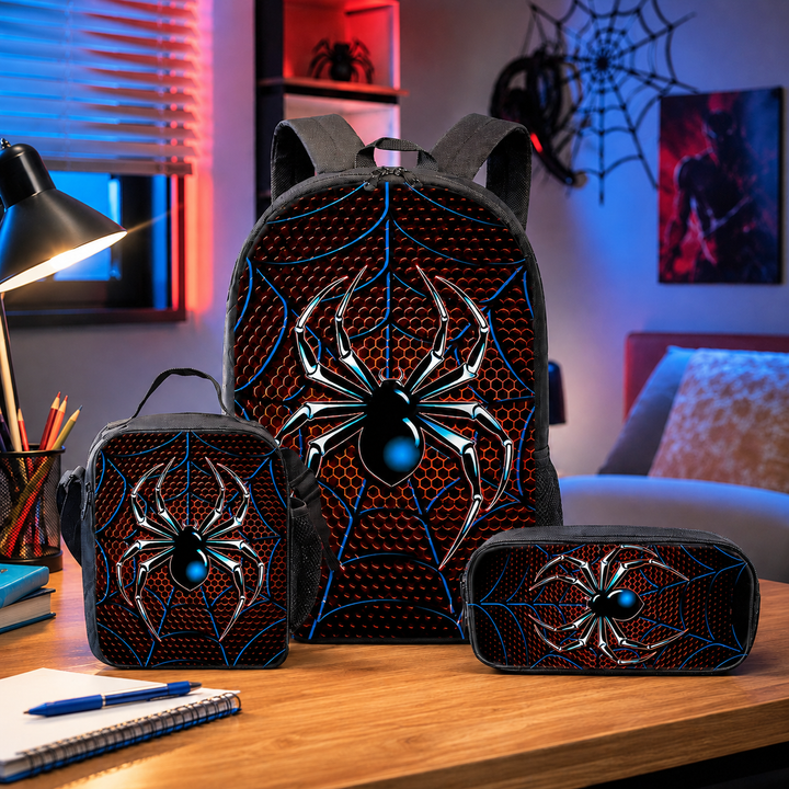 Spider 3D Print School Backpack 3Pcs Set Student Laptop Daypack Crossbody