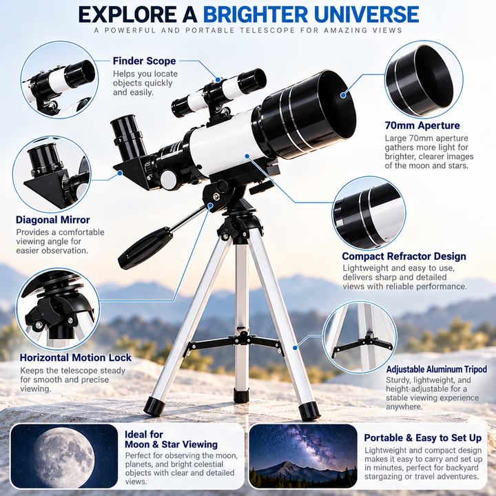 Astronomical Telescope 70mm Refractor Tripod Kids Beginners Moon 150x