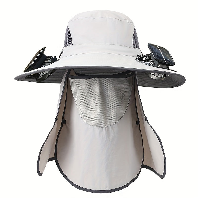 Outdoor Fishing Hat with Dual Solar Fans USB Charging Removable Sunshade