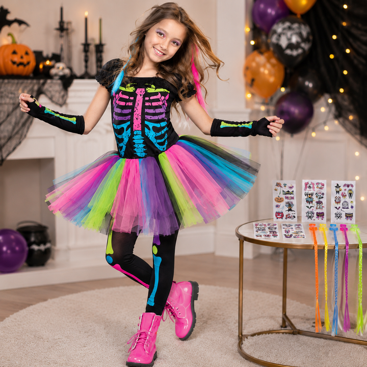 Girls Skeleton Tutu Dress Costume Colourful Halloween
