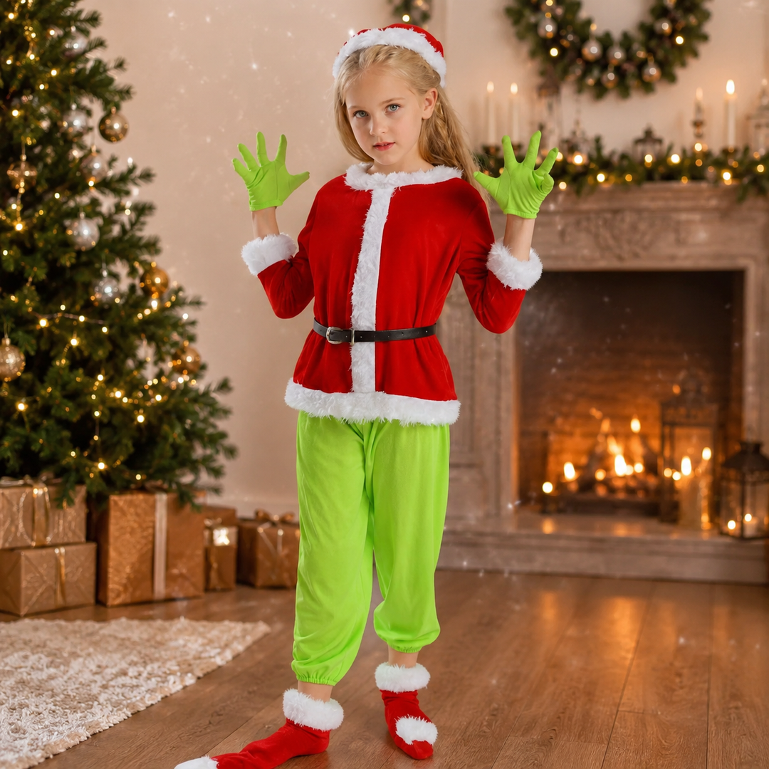 Kids Grinch Costume Green Gloves Red Santa Suit Christmas