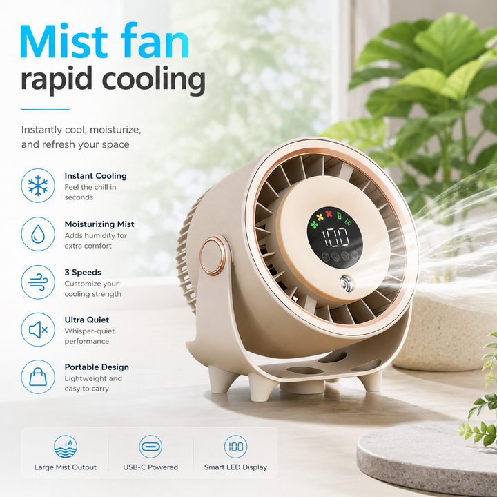 Portable Misting Fan Humidifier Digital Display Quiet Wall Mount Fan