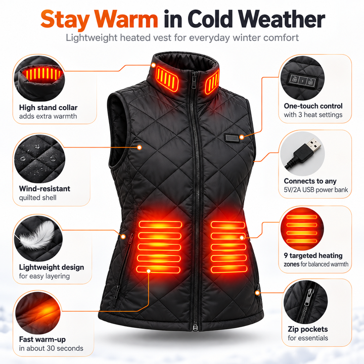 Womens Heated Waistcoat 9 Heating Zones Rechargeable Gilet