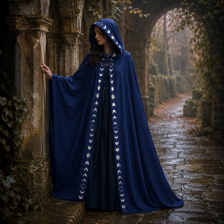 Womens Moon Phase Velvet Hooded Cloak Witch Costume