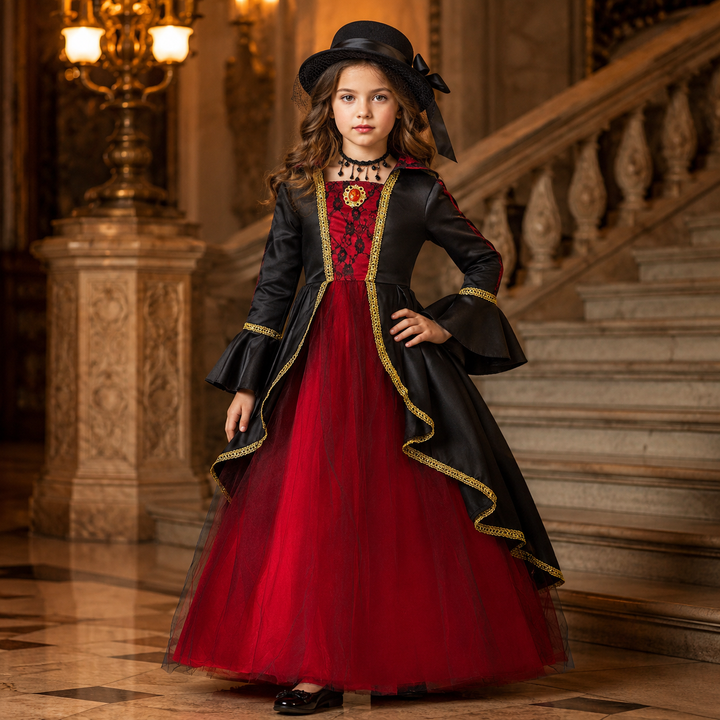 Girls Victorian Vampire Costume Dress with Hat Halloween