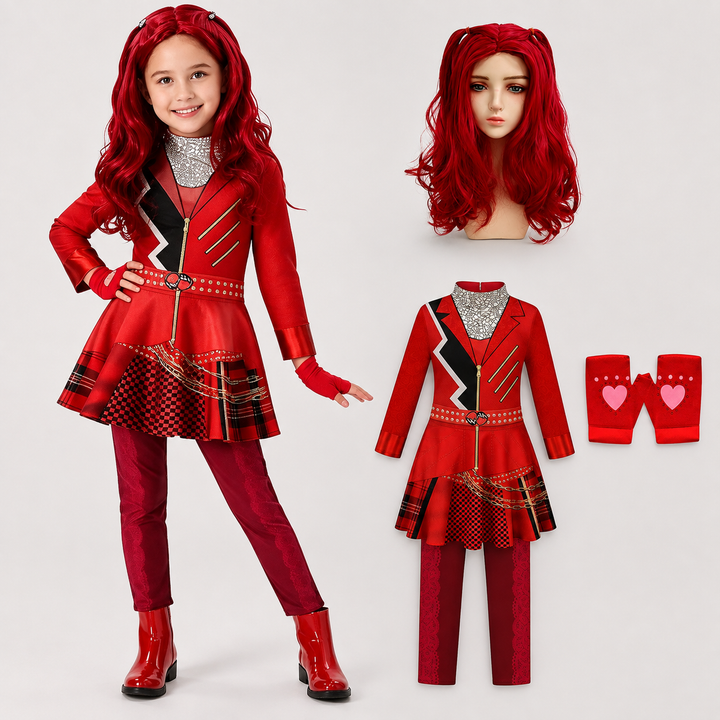 Kids Red Villain Costume with Wig Halloween Cosplay