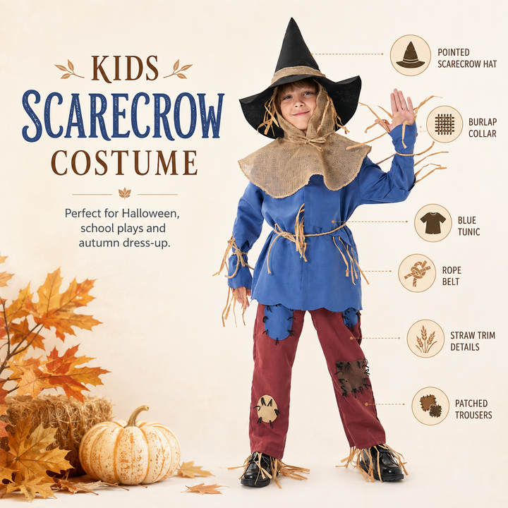 Kids Scarecrow Costume with Hat and Burlap Collar Halloween