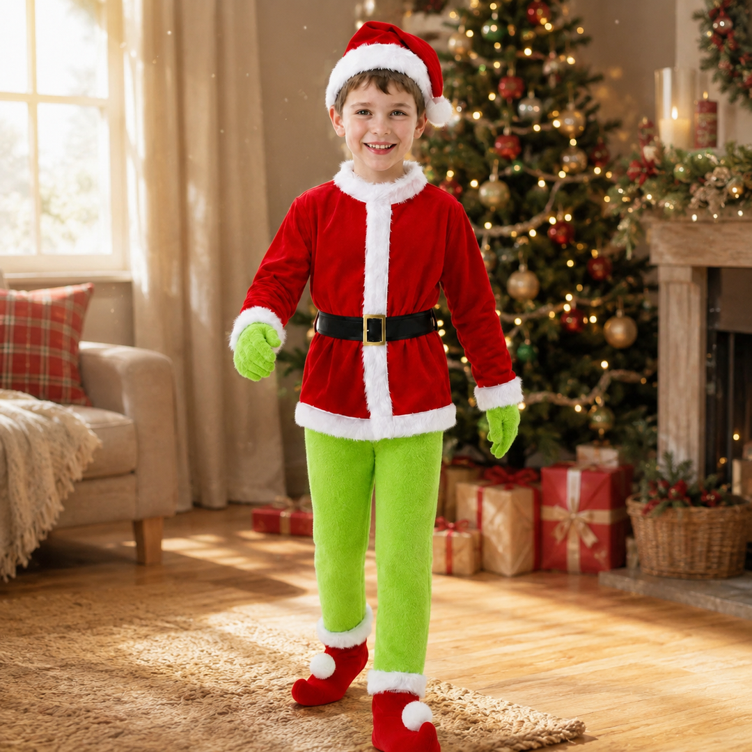 Boys Grinch Christmas Costume with Boot Covers Kids Fancy