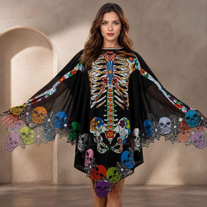 Womens Lace Skeleton Cloak Cape Witch Costume Halloween