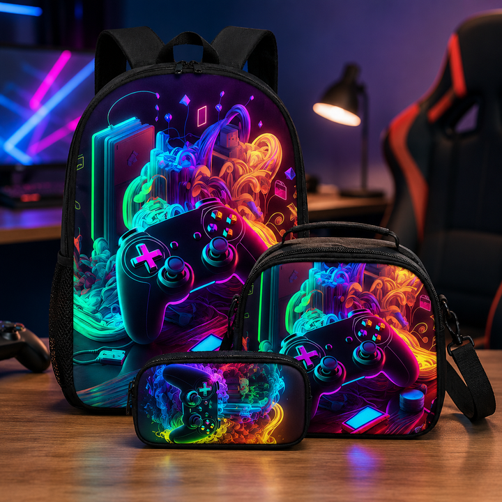 Gamer Unisex 3-Piece School Backpack Set with Crossbody Bag &amp; Pencil Case