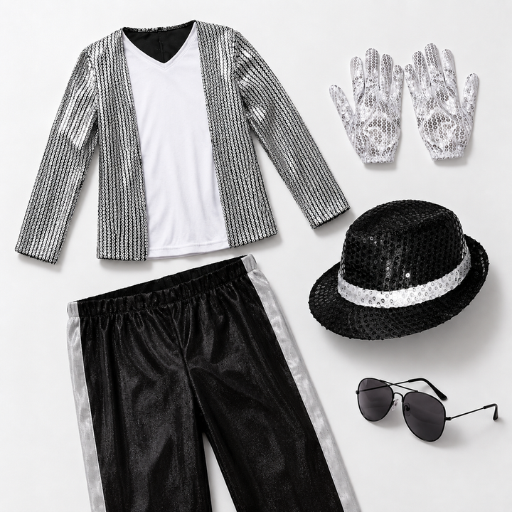 Kids Pop Star Costume Silver Sequin Stage Outfit Halloween