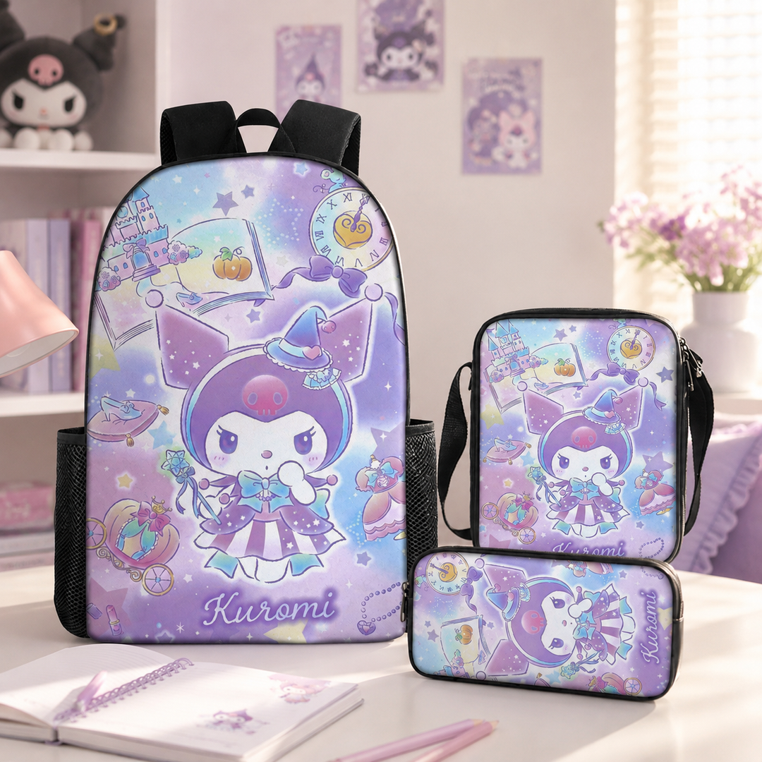 Kuromi Girls 3-Piece School Backpack Set with Shoulder Bag &amp; Pencil Case