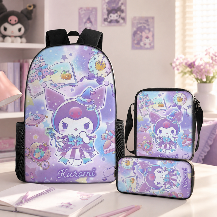 Kuromi Girls 3-Piece School Backpack Set with Shoulder Bag &amp; Pencil Case
