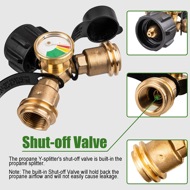 Propane Tank Y Splitter with Gauge and Shut Off Valve 2-Way LP Gas Adapter