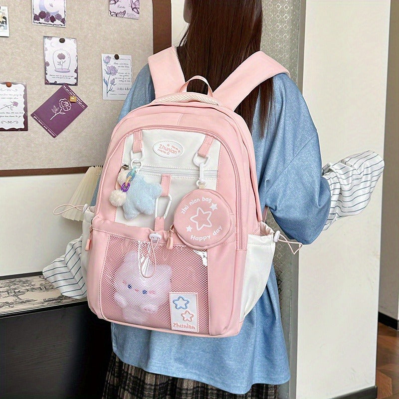 Girls Adjustable Strap Backpack School Bag with Bunny Charms