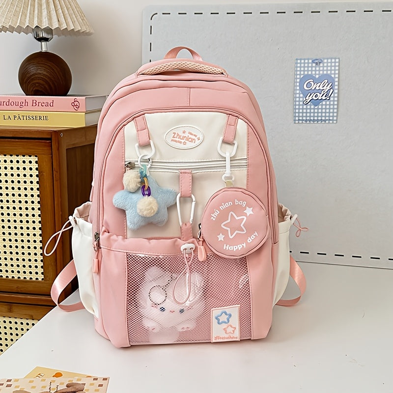Girls Adjustable Strap Backpack School Bag with Bunny Charms
