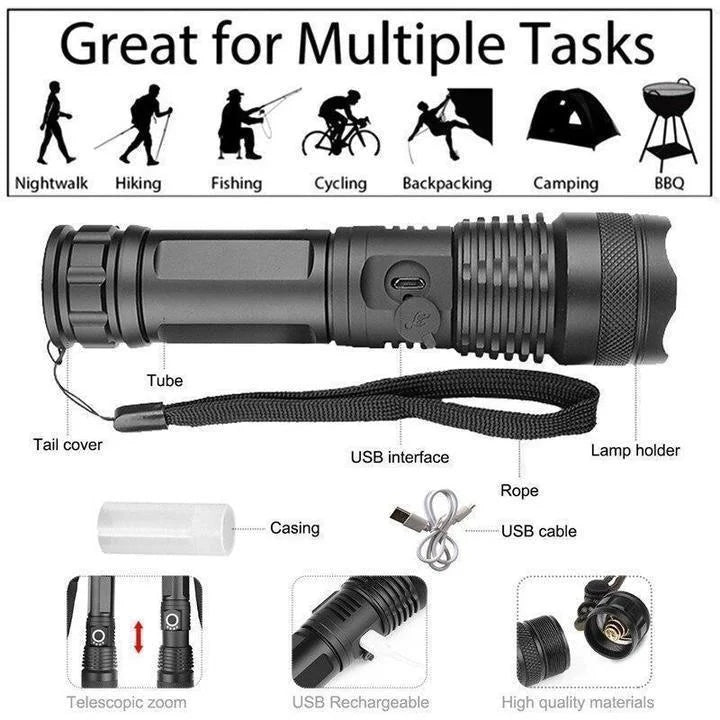 LED Rechargeable Zoom Flashlight Torch with Aluminium Body