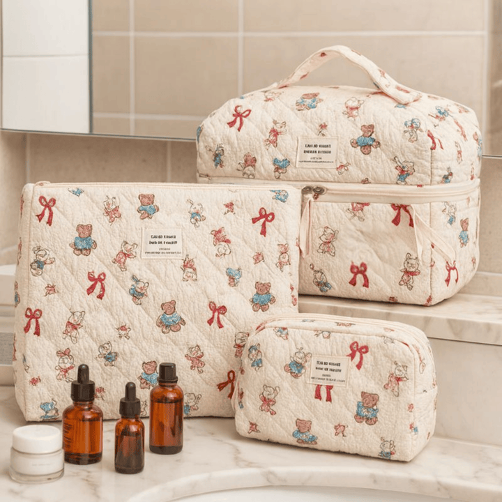3-Piece Quilted Cartoon Pattern Cosmetic Bag Set