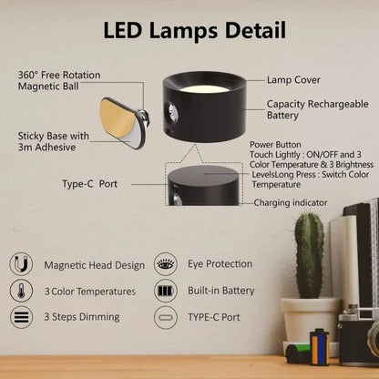 Rechargeable Circular LED Wall Light 360 Degree Rotating Fixture