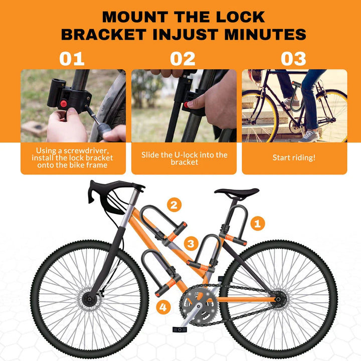 U Lock Bicycle Lock with Steel Security Cable Heavy Duty 16mm