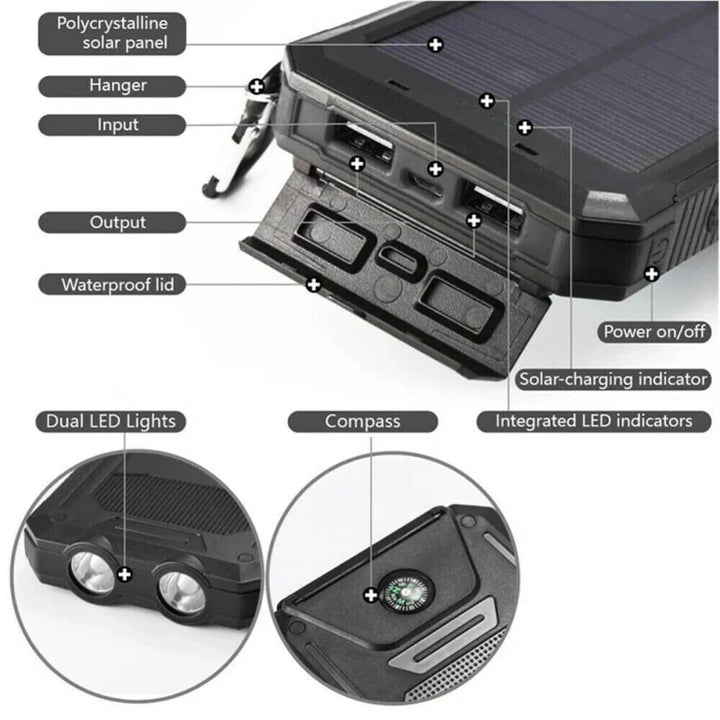 Portable Solar Power Bank Charger Waterproof Solar Panel Battery Pack