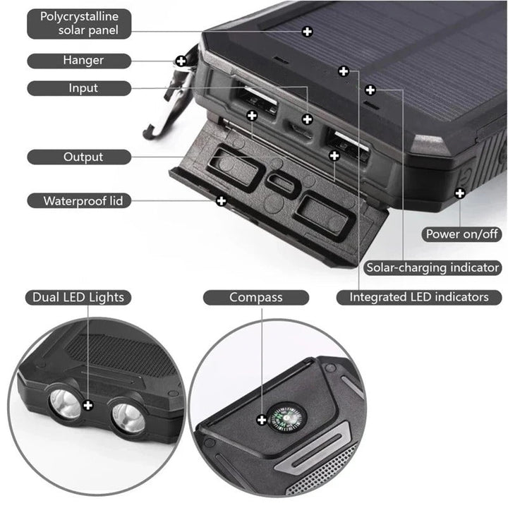 Solar Power Bank Portable Waterproof Charger with Torch Light