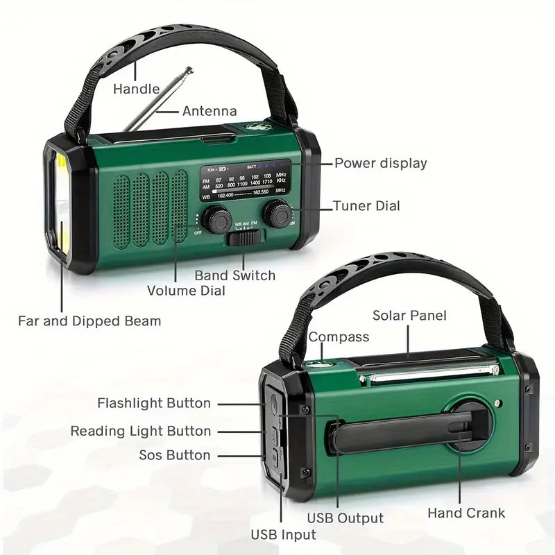Solar Powered Emergency Radio Flashlight Portable Survival Device