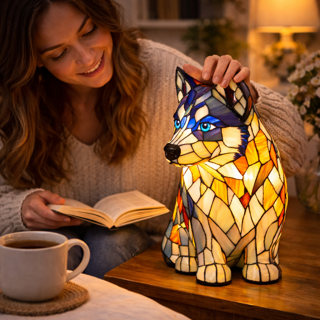 Dog Shaped Stained Glass LED Table Lamp Night Light