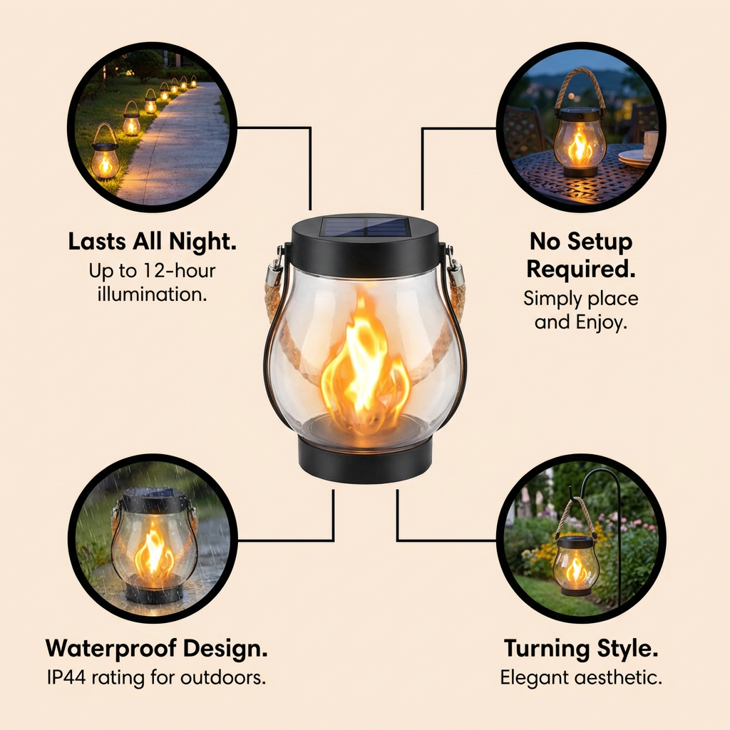 Solar Outdoor Lantern with Flickering Flame LED Light